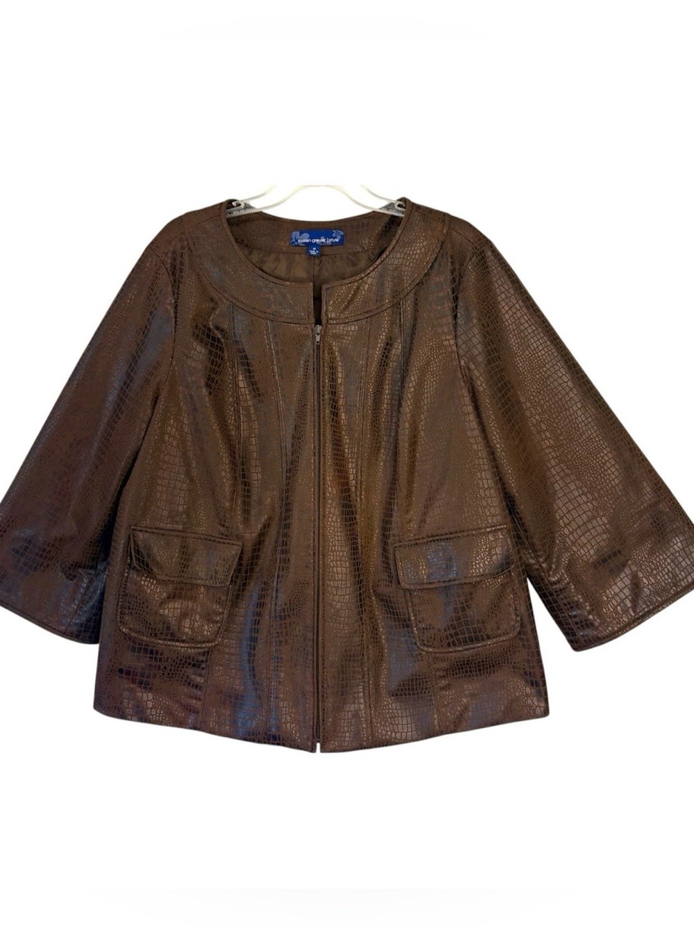 Susan Graver Brown Faux Leather Crocodile Zip Up Swing Jacket 1X